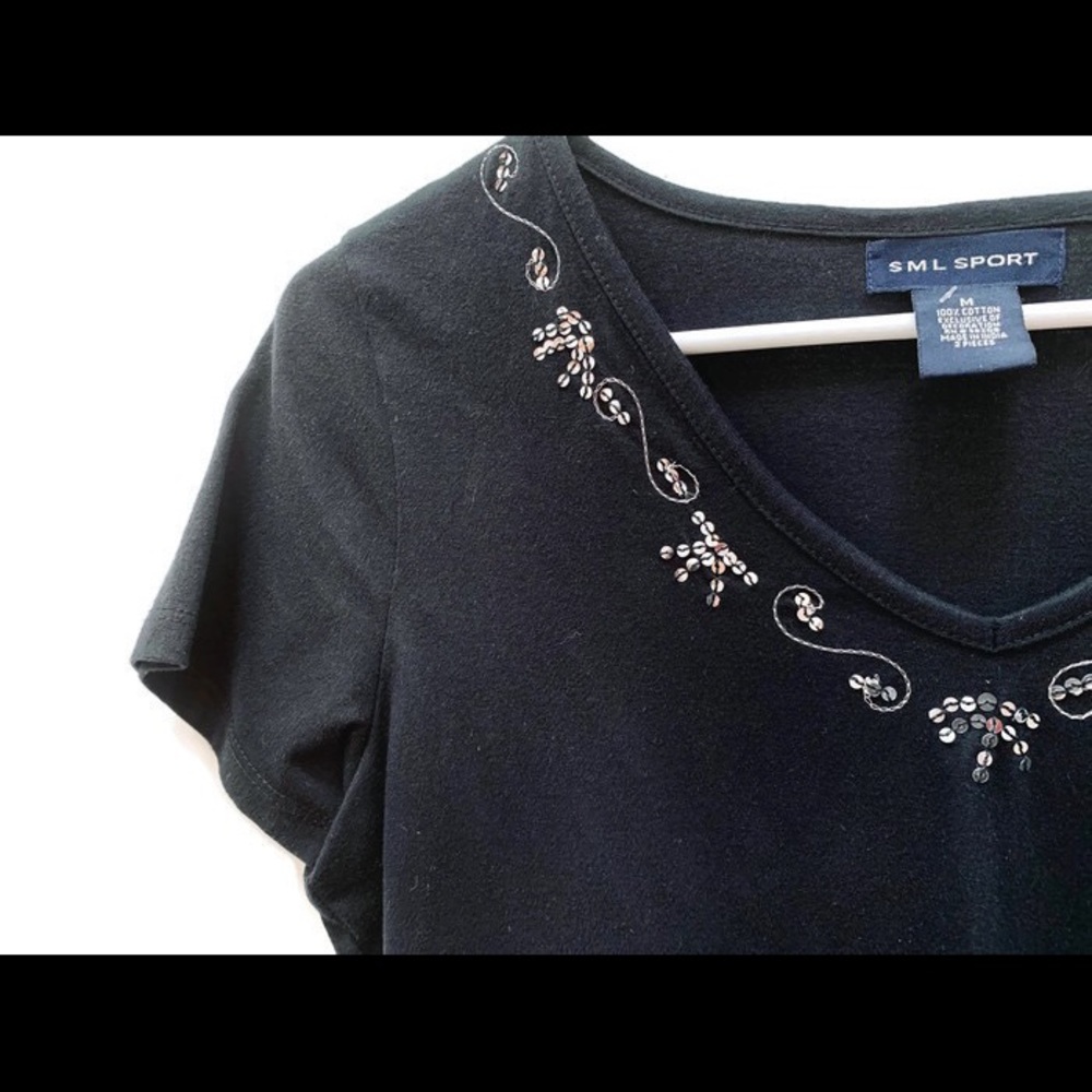 Black Cotton Tee with Sequins, SML Sports Medium